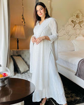 Ready To Wear White Rayon Cotton Embroidery Work Chikan Kari Suit With Dupatta